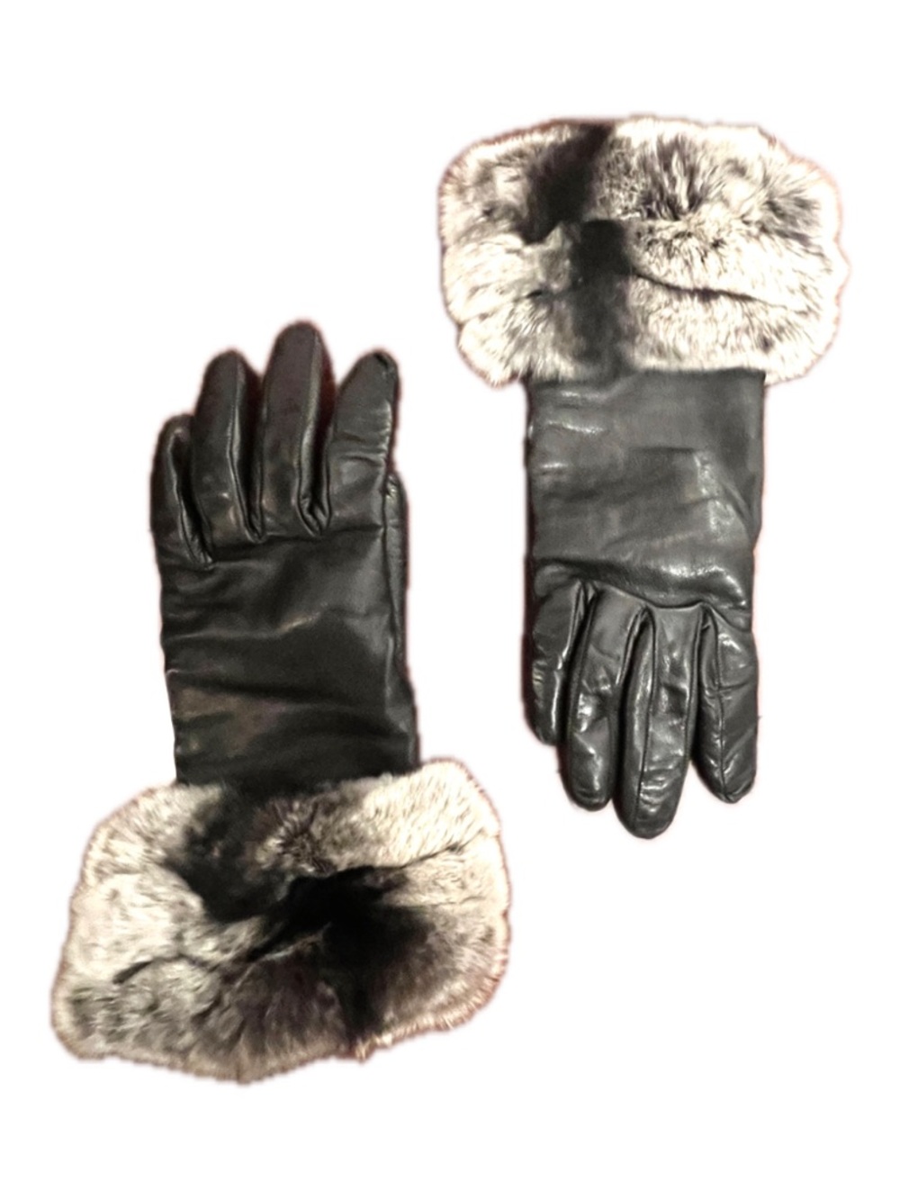 Black Leather Gloves with Gray Fur Cuffs